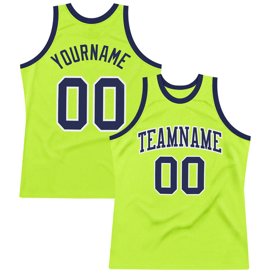 Custom Neon Green Navy-White Authentic Throwback Basketball Jersey - Main View