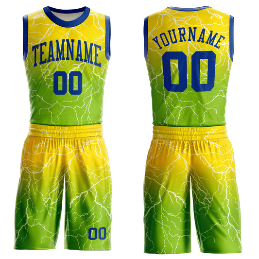 Custom Neon Green Royal-Gold Round Neck Sublimation Basketball Uniform Jersey - Main View