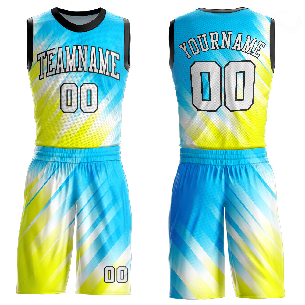 Custom Neon Green White-Light Blue Round Neck Sublimation Basketball Uniform Jersey - Main View