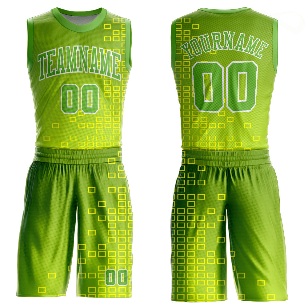 Custom Neon Green Neon Green-Gold Round Neck Sublimation Basketball Uniform Jersey - Main View
