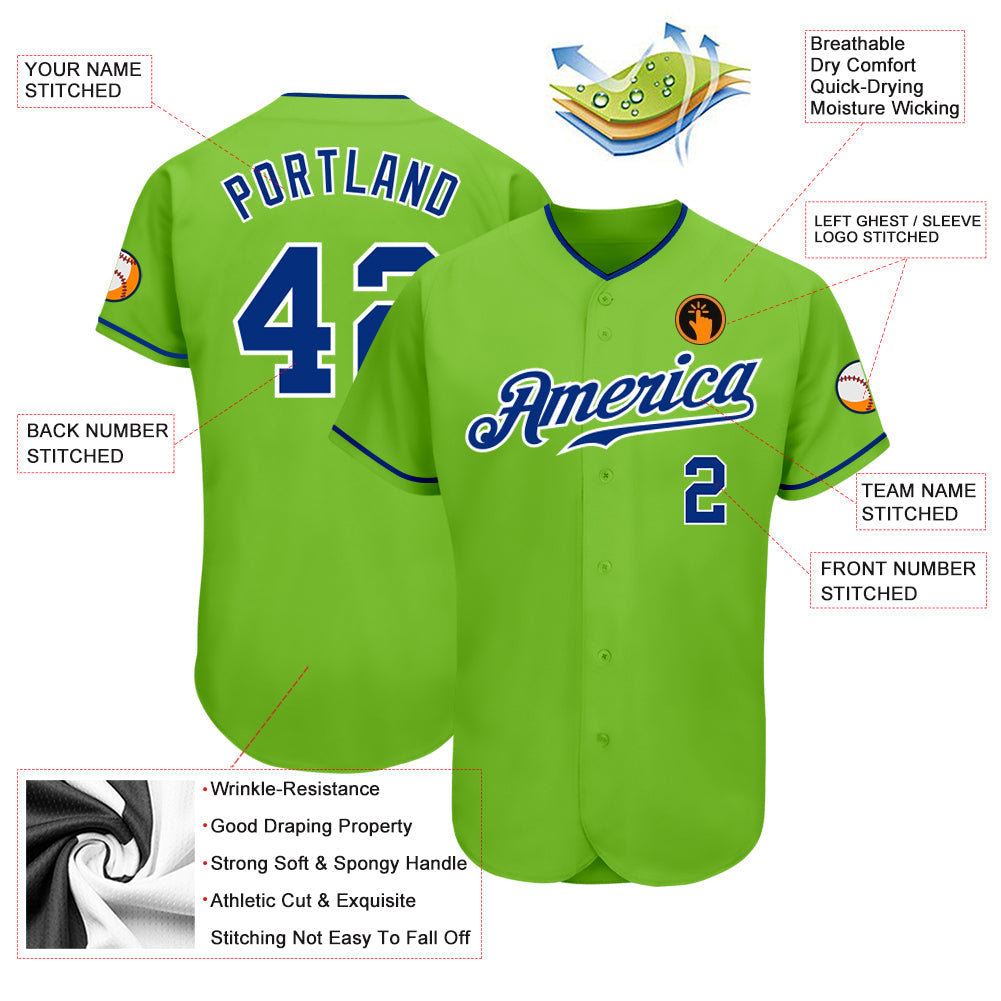 Custom Neon Green Royal-White Authentic Baseball Jersey view 3