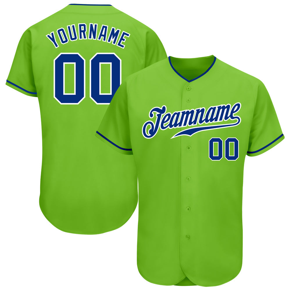 Custom Neon Green Royal-White Authentic Baseball Jersey - Main View