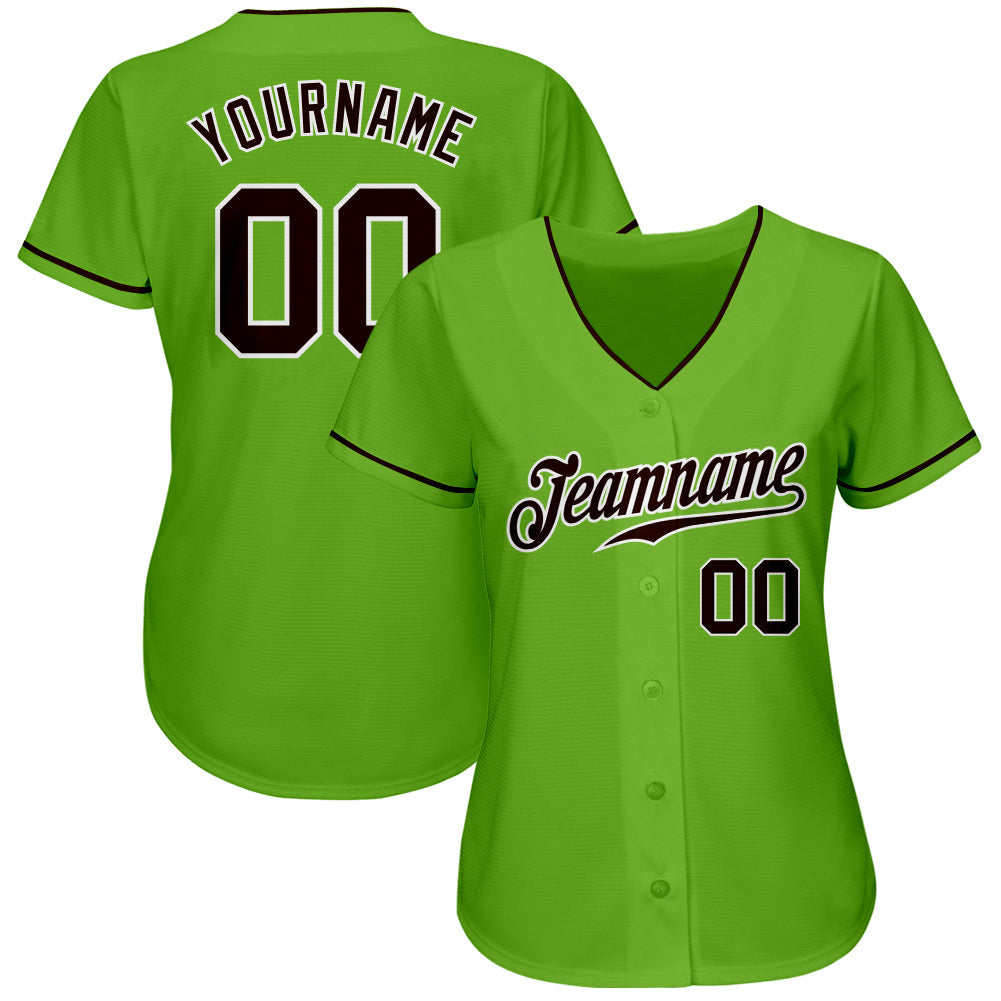 Custom Neon Green Brown-White Authentic Baseball Jersey view 2