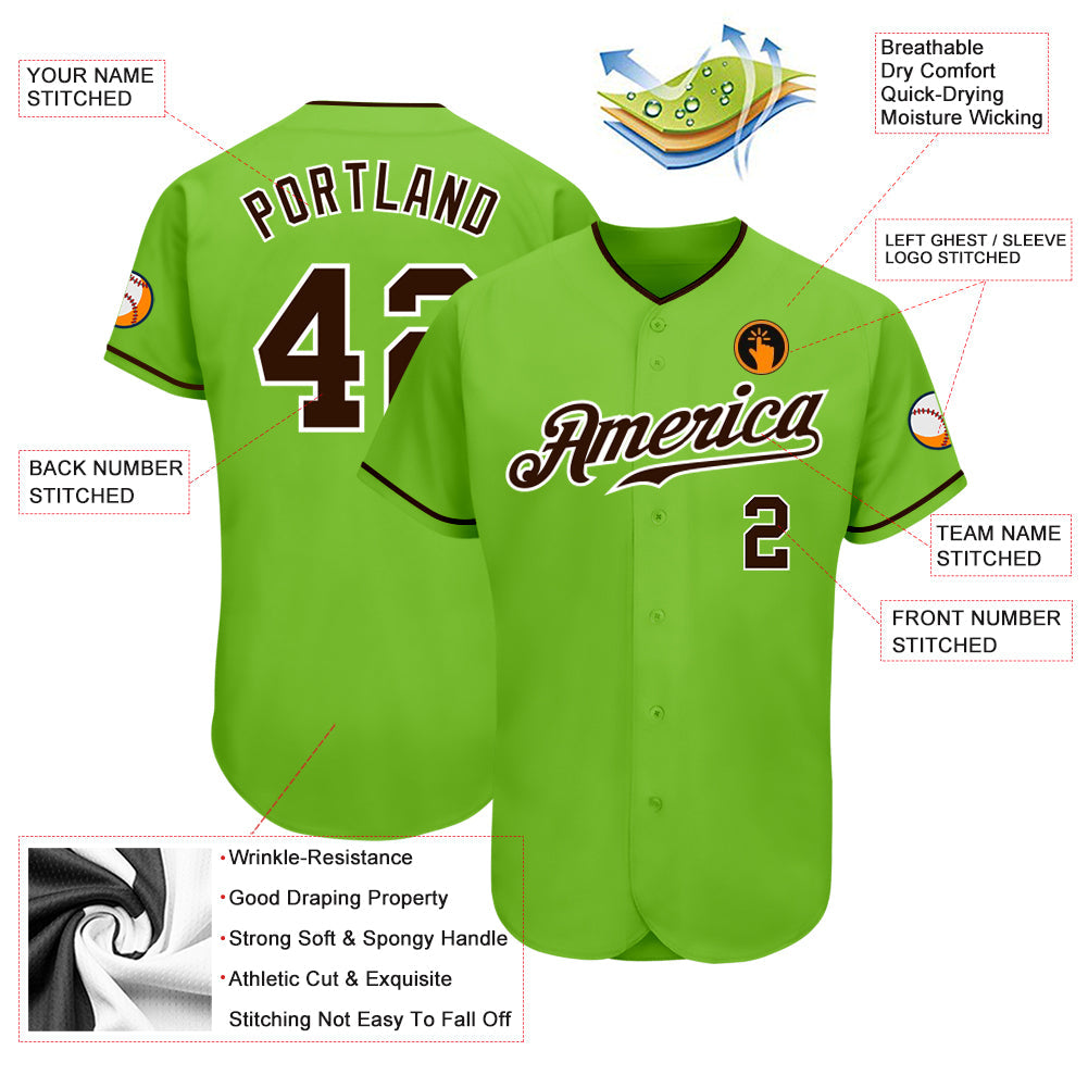 Custom Neon Green Brown-White Authentic Baseball Jersey view 3