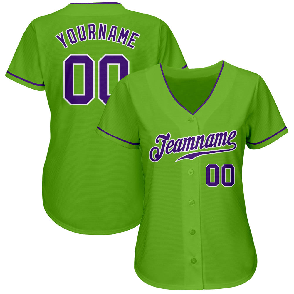 Custom Neon Green Purple-White Authentic Baseball Jersey view 3