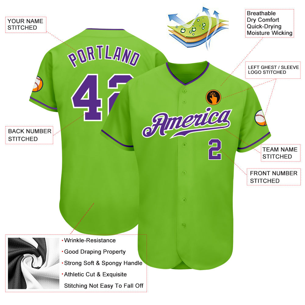 Custom Neon Green Purple-White Authentic Baseball Jersey view 4