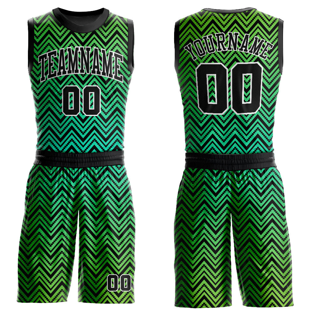 Custom Neon Green Black-White Round Neck Sublimation Basketball Uniform Jersey - Main View