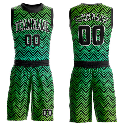 Custom Neon Green Black-White Round Neck Sublimation Basketball Uniform Jersey - Main View
