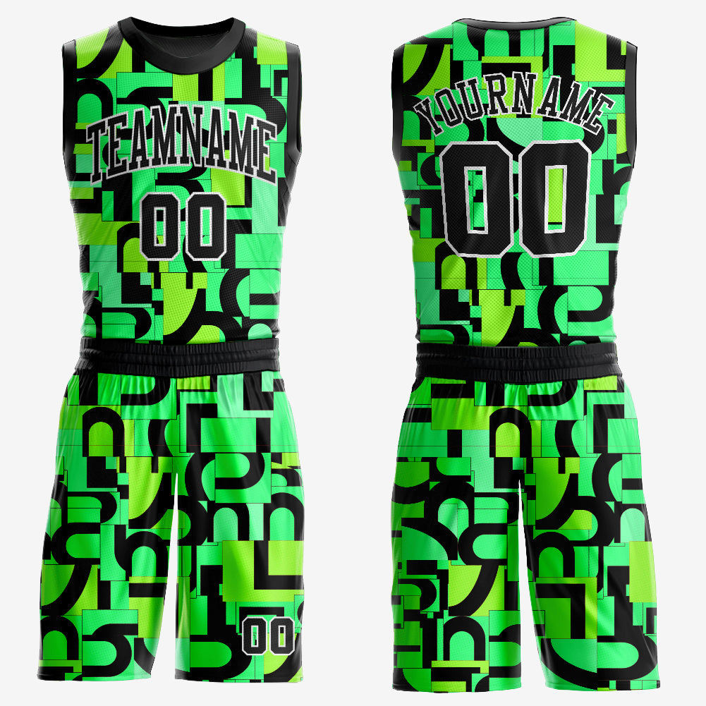 Custom Neon Green Black-White Music Festival Round Neck Sublimation Basketball Uniform Jersey - Main View