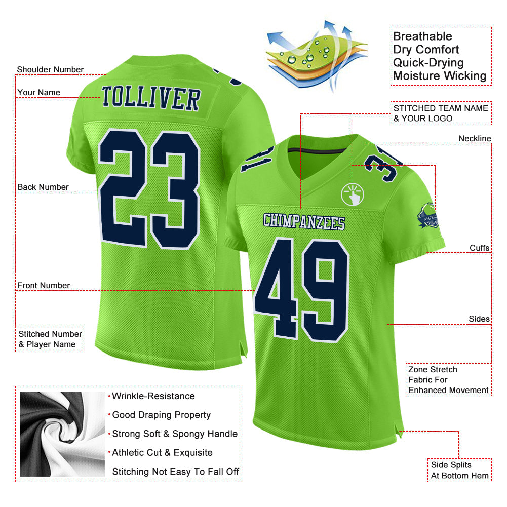 Custom Neon Green Navy-White Mesh Authentic Football Jersey view 2