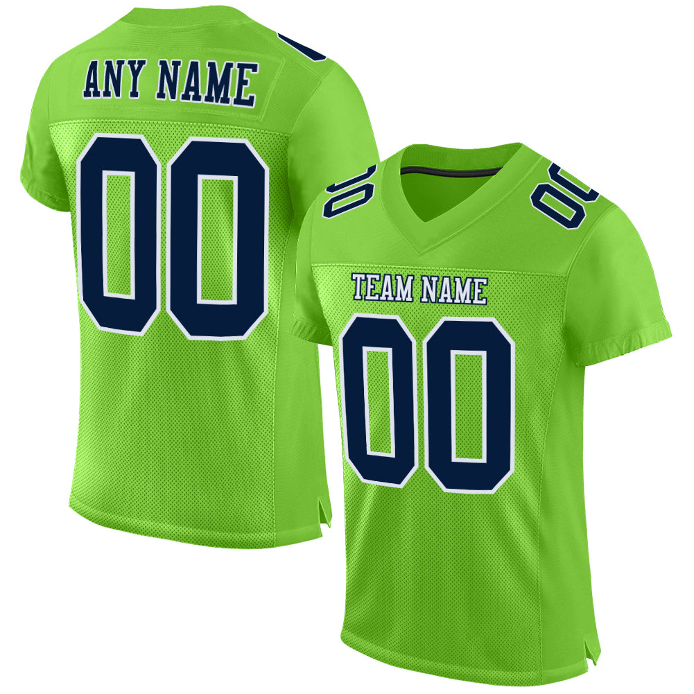 Custom Neon Green Navy-White Mesh Authentic Football Jersey - Main View