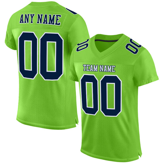 Custom Neon Green Navy-White Mesh Authentic Football Jersey - Main View