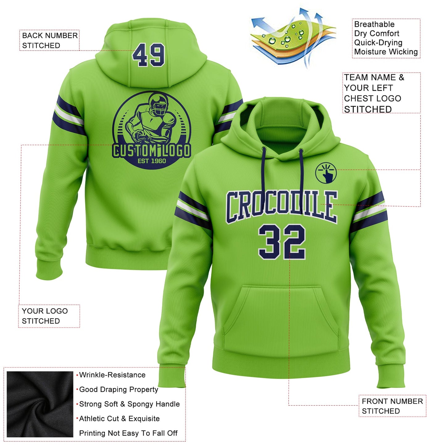 Custom Stitched Neon Green Navy-White Football Pullover Sweatshirt Hoodie view 2