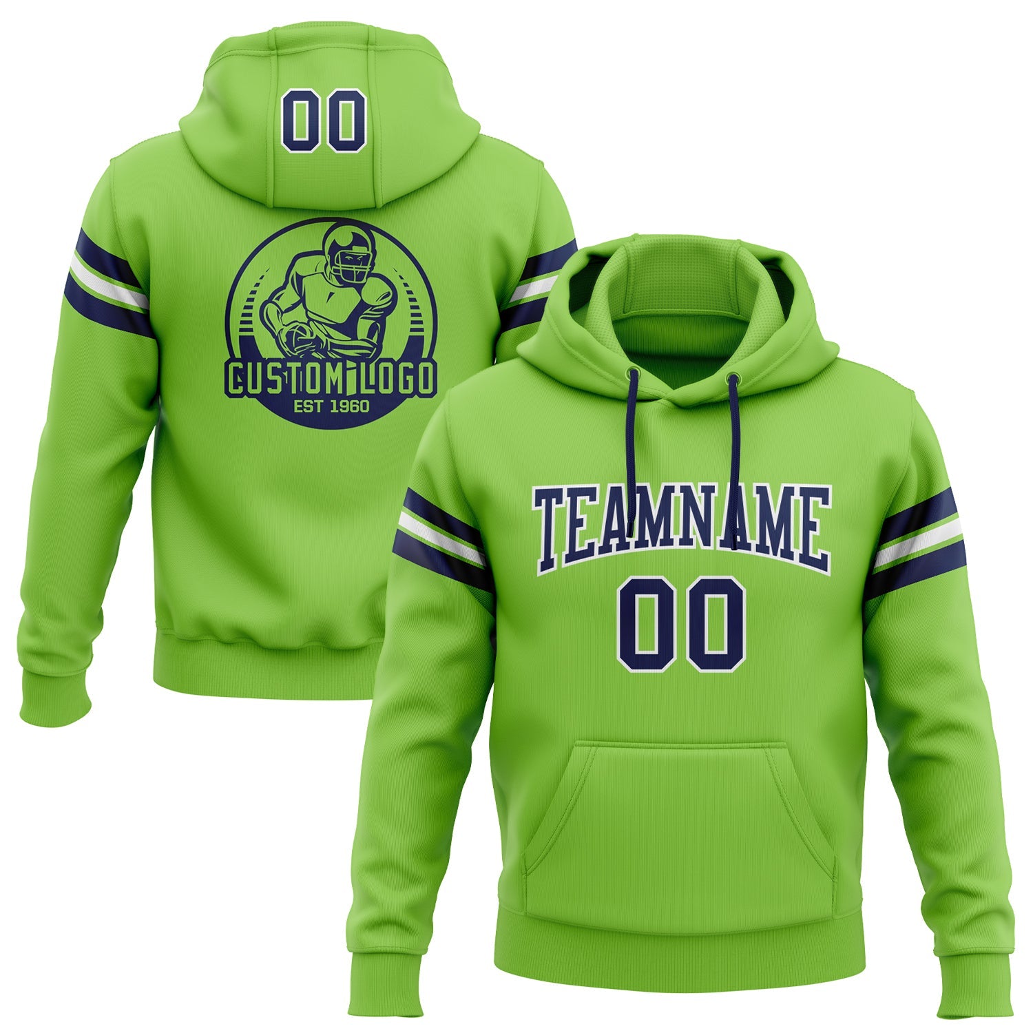 Custom Stitched Neon Green Navy-White Football Pullover Sweatshirt Hoodie - Main View