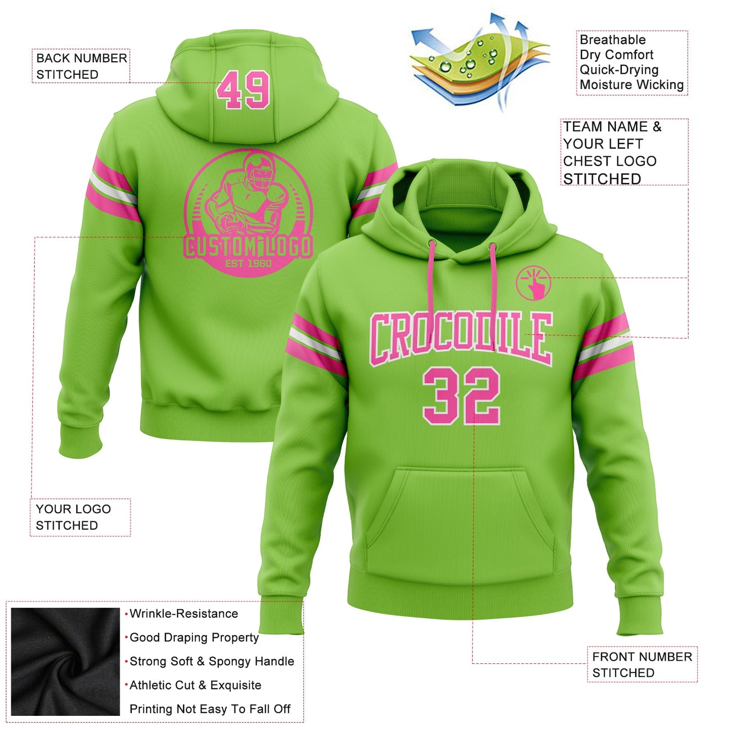 Custom Stitched Neon Green Pink-White Football Pullover Sweatshirt Hoodie view 2