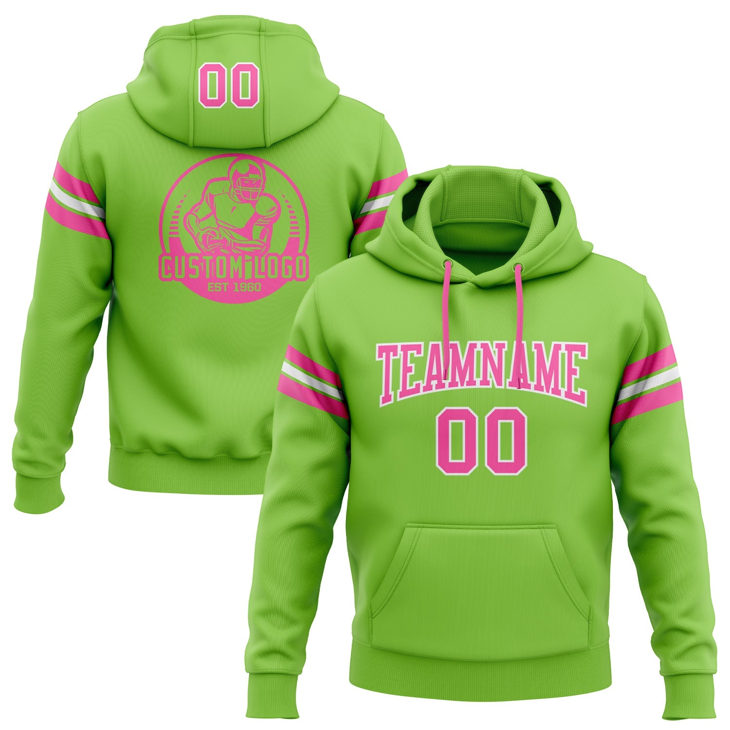 Custom Stitched Neon Green Pink-White Football Pullover Sweatshirt Hoodie - Main View