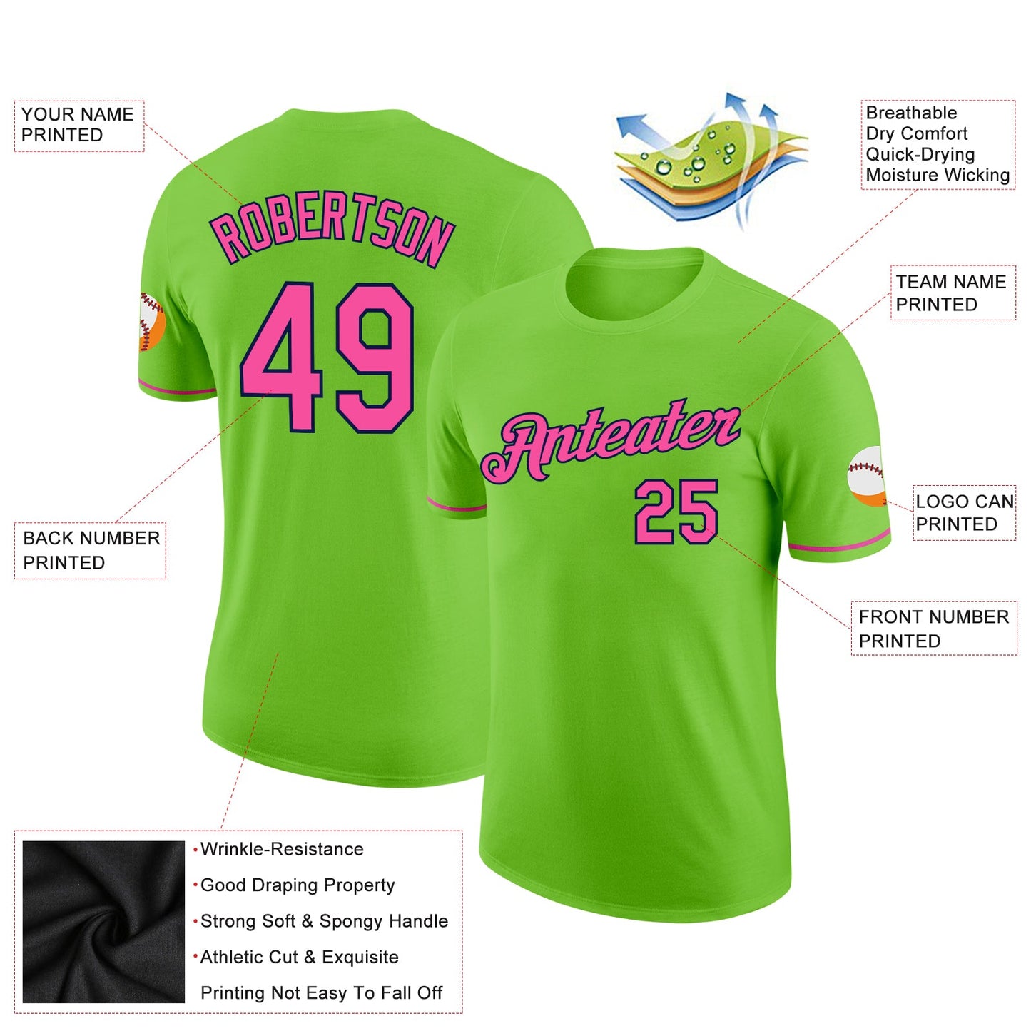 Custom Neon Green Pink-Navy Performance T-Shirt view 2