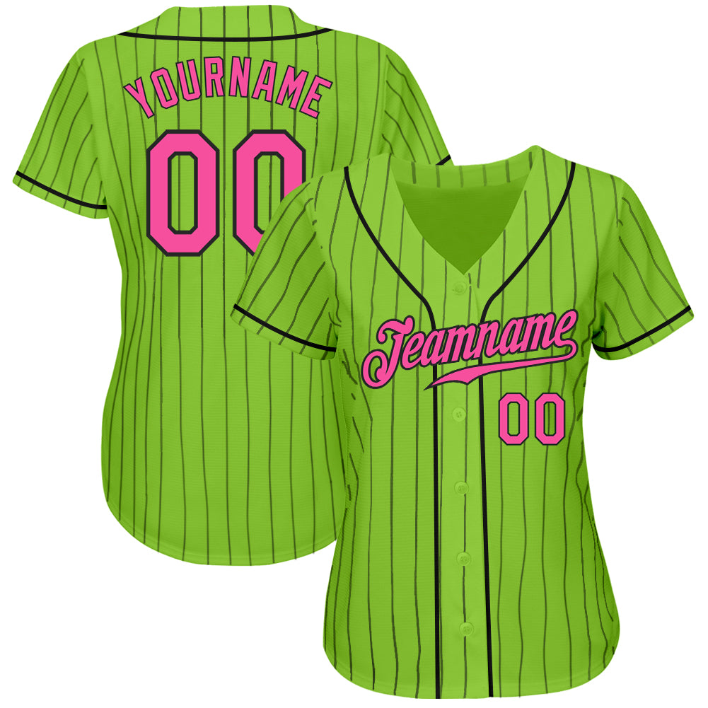 Custom Neon Green Black Pinstripe Pink-Black Authentic Baseball Jersey view 2