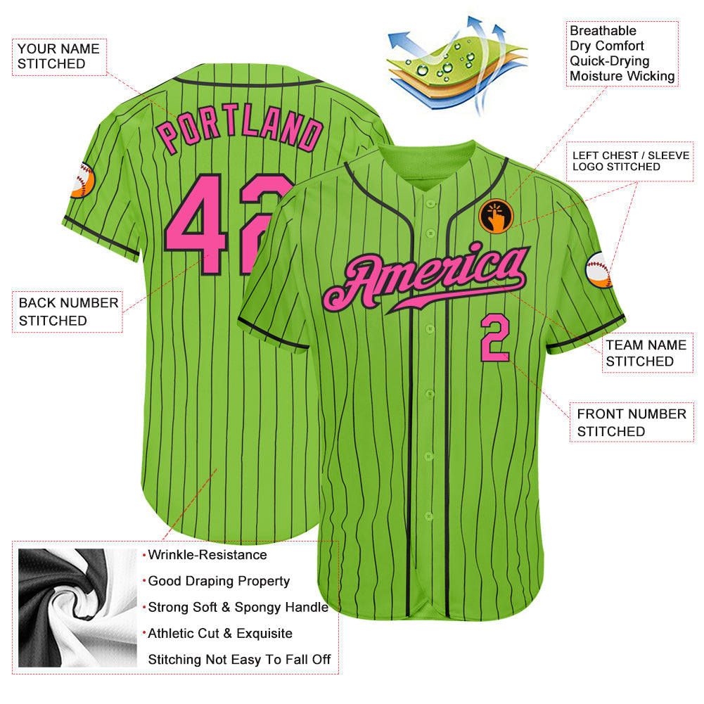 Custom Neon Green Black Pinstripe Pink-Black Authentic Baseball Jersey view 3