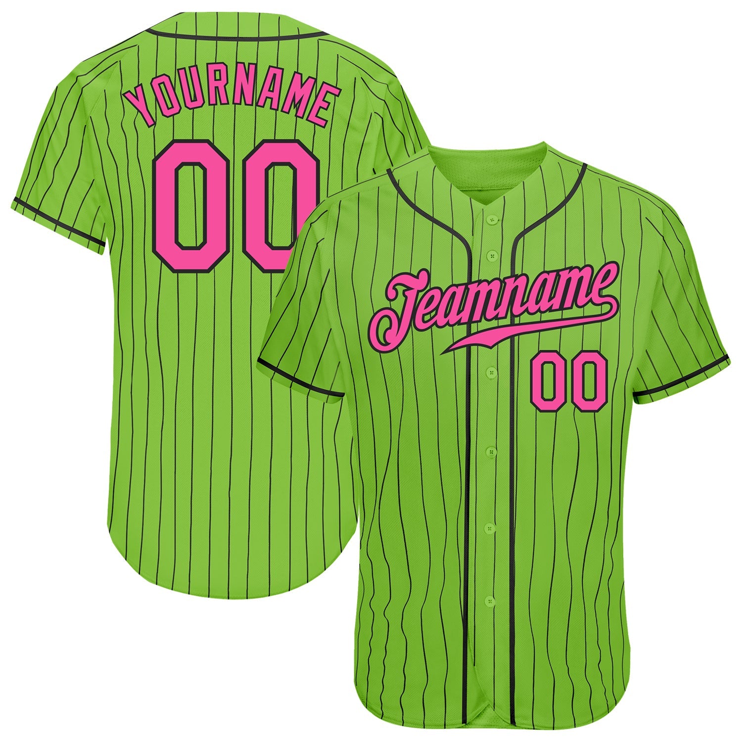 Custom Neon Green Black Pinstripe Pink-Black Authentic Baseball Jersey - Main View