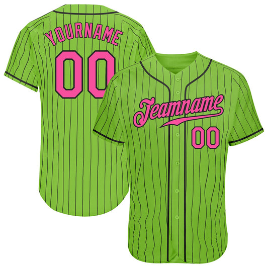 Custom Neon Green Black Pinstripe Pink-Black Authentic Baseball Jersey - Main View