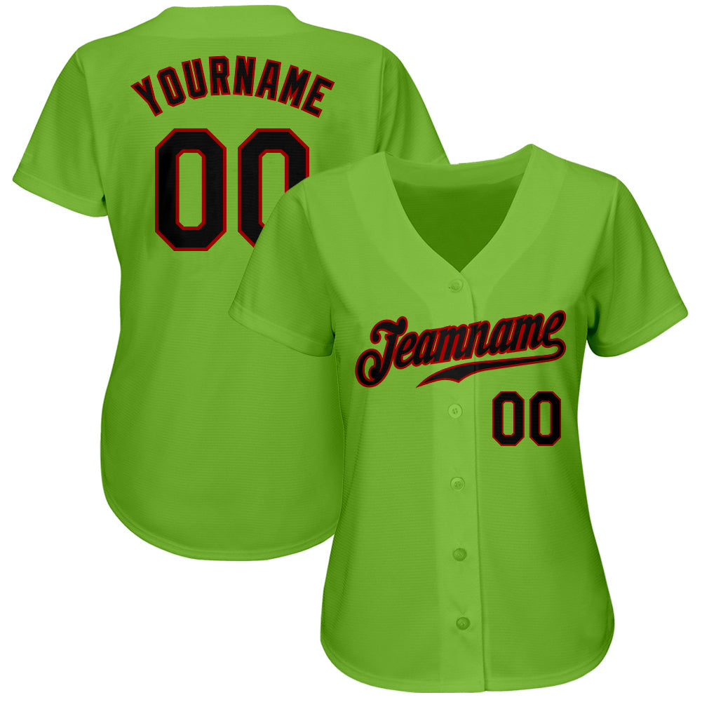 Custom Neon Green Black-Red Authentic Baseball Jersey view 2