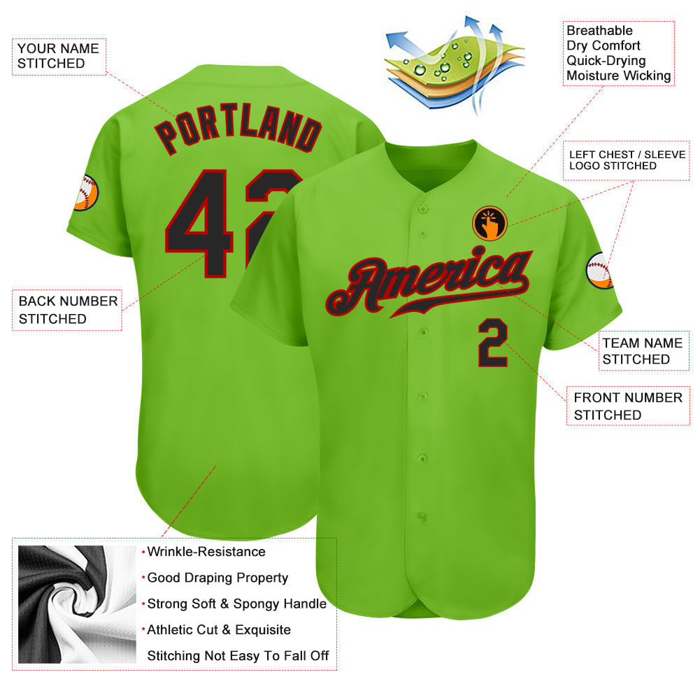 Custom Neon Green Black-Red Authentic Baseball Jersey view 3