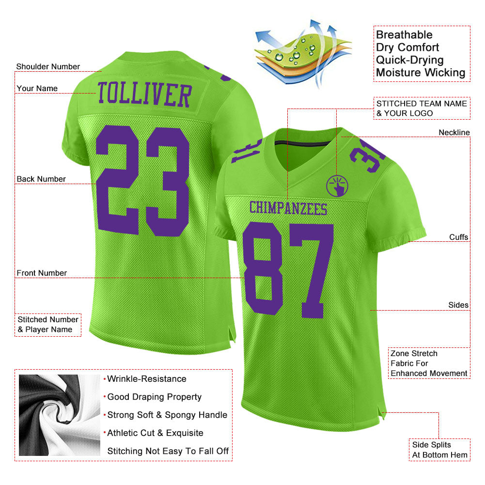 Custom Neon Green Purple Mesh Authentic Football Jersey view 2