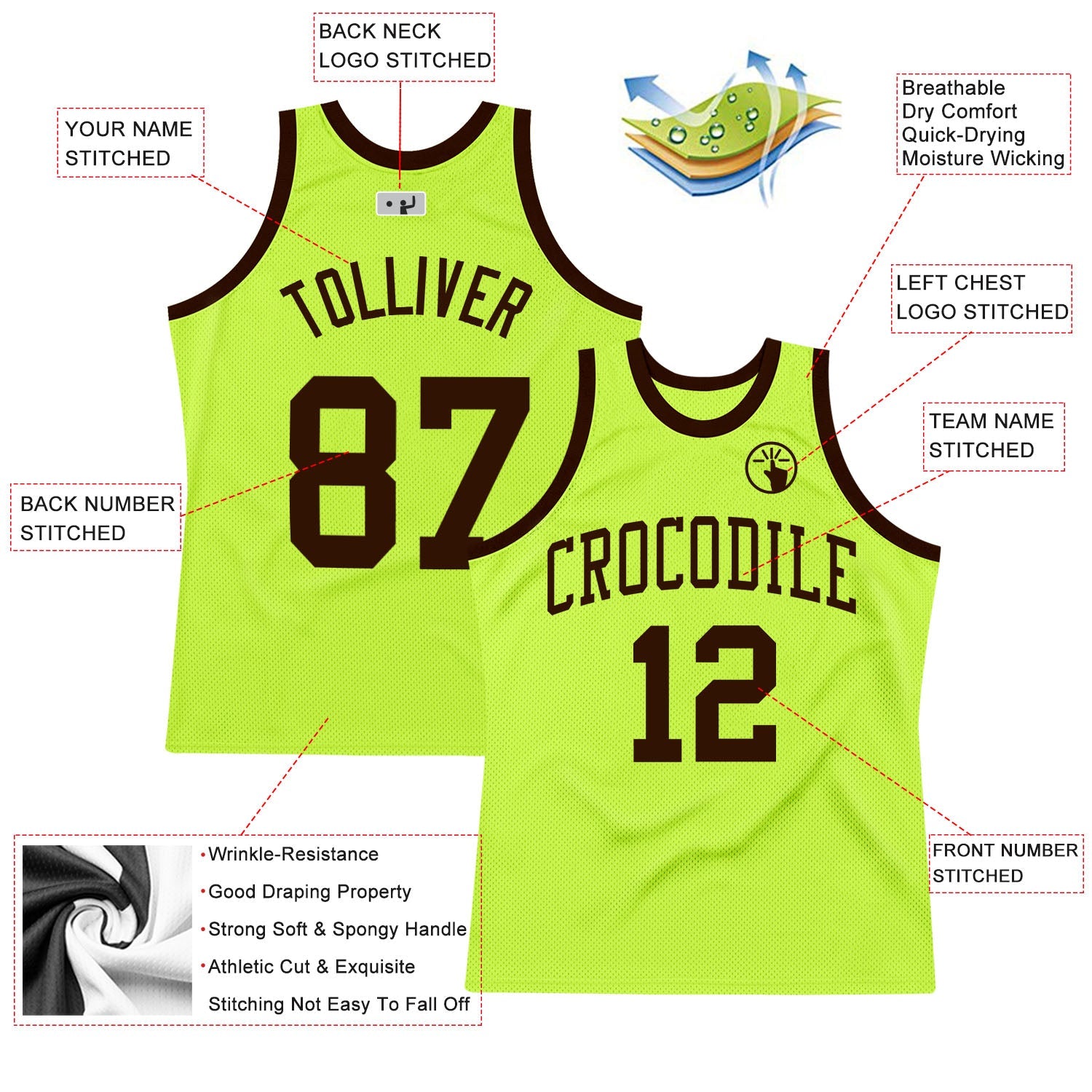 Custom Neon Green Brown Authentic Throwback Basketball Jersey view 2