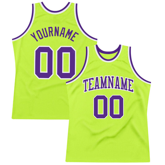 Custom Neon Green Purple-White Authentic Throwback Basketball Jersey - Main View