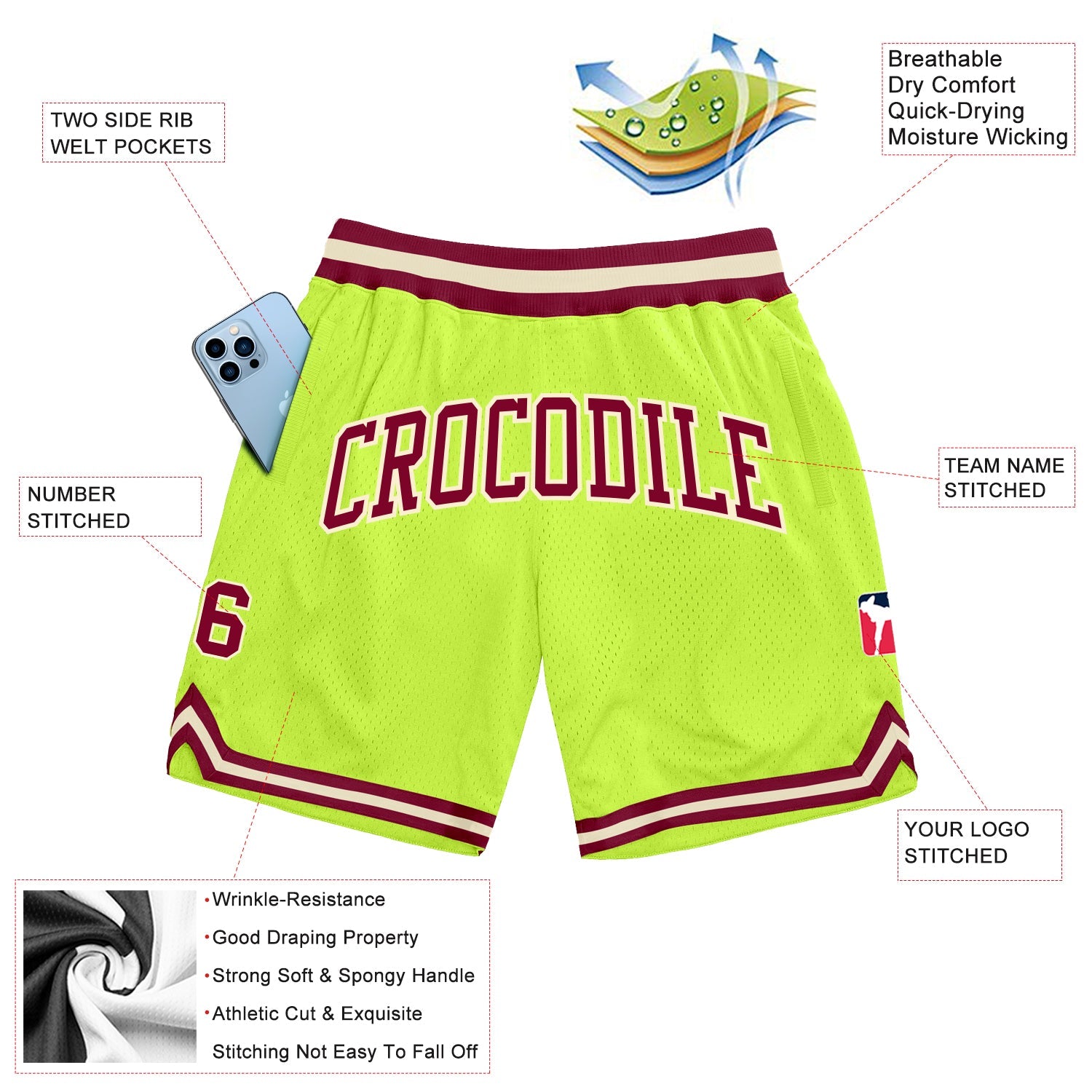Custom Neon Green Maroon-Cream Authentic Throwback Basketball Shorts view 2