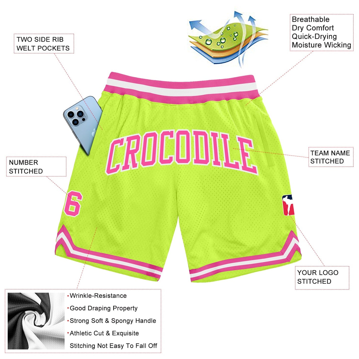 Custom Neon Green Pink-White Authentic Throwback Basketball Shorts view 2