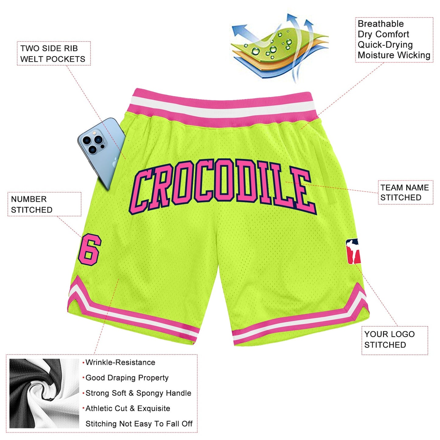 Custom Neon Green Pink-Navy Authentic Throwback Basketball Shorts view 2