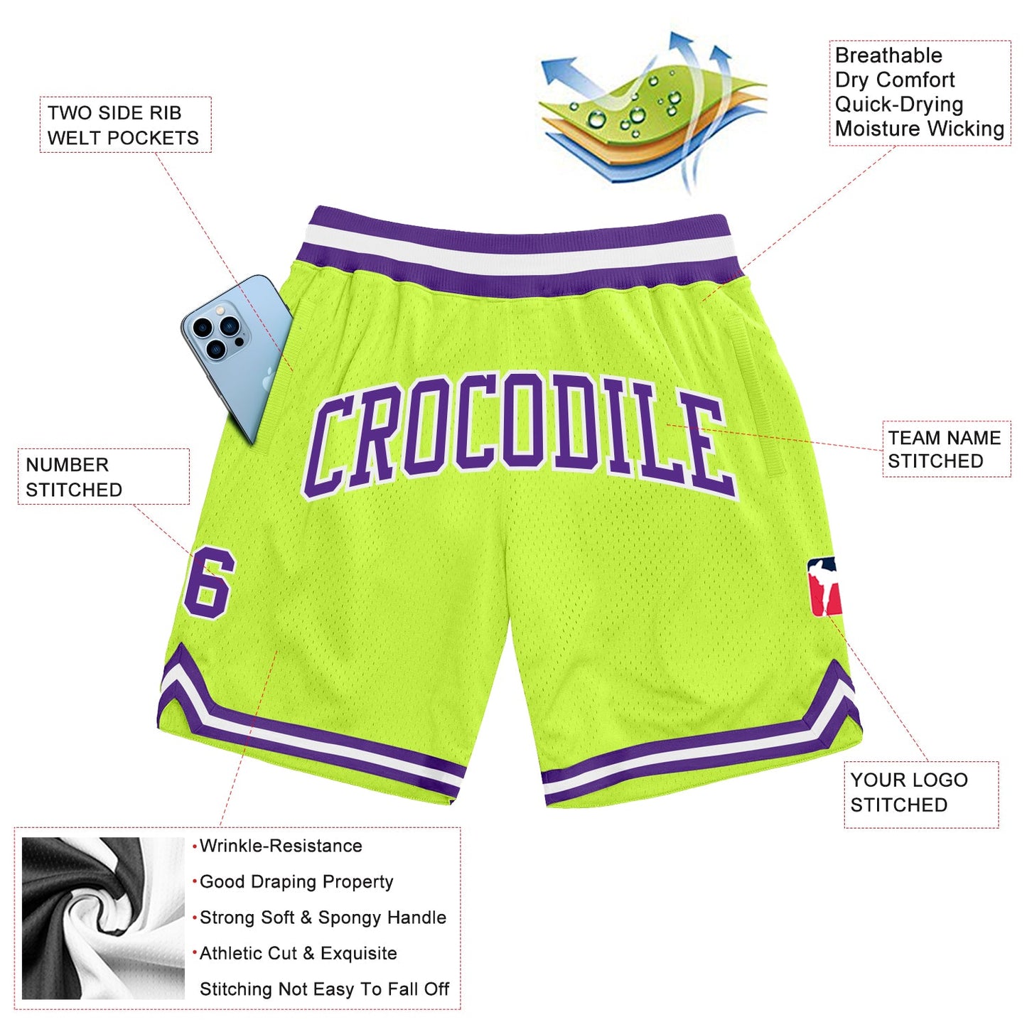 Custom Neon Green Purple-White Authentic Throwback Basketball Shorts view 2