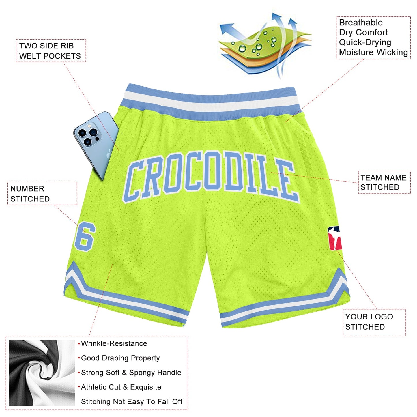 Custom Neon Green Light Blue-White Authentic Throwback Basketball Shorts view 2