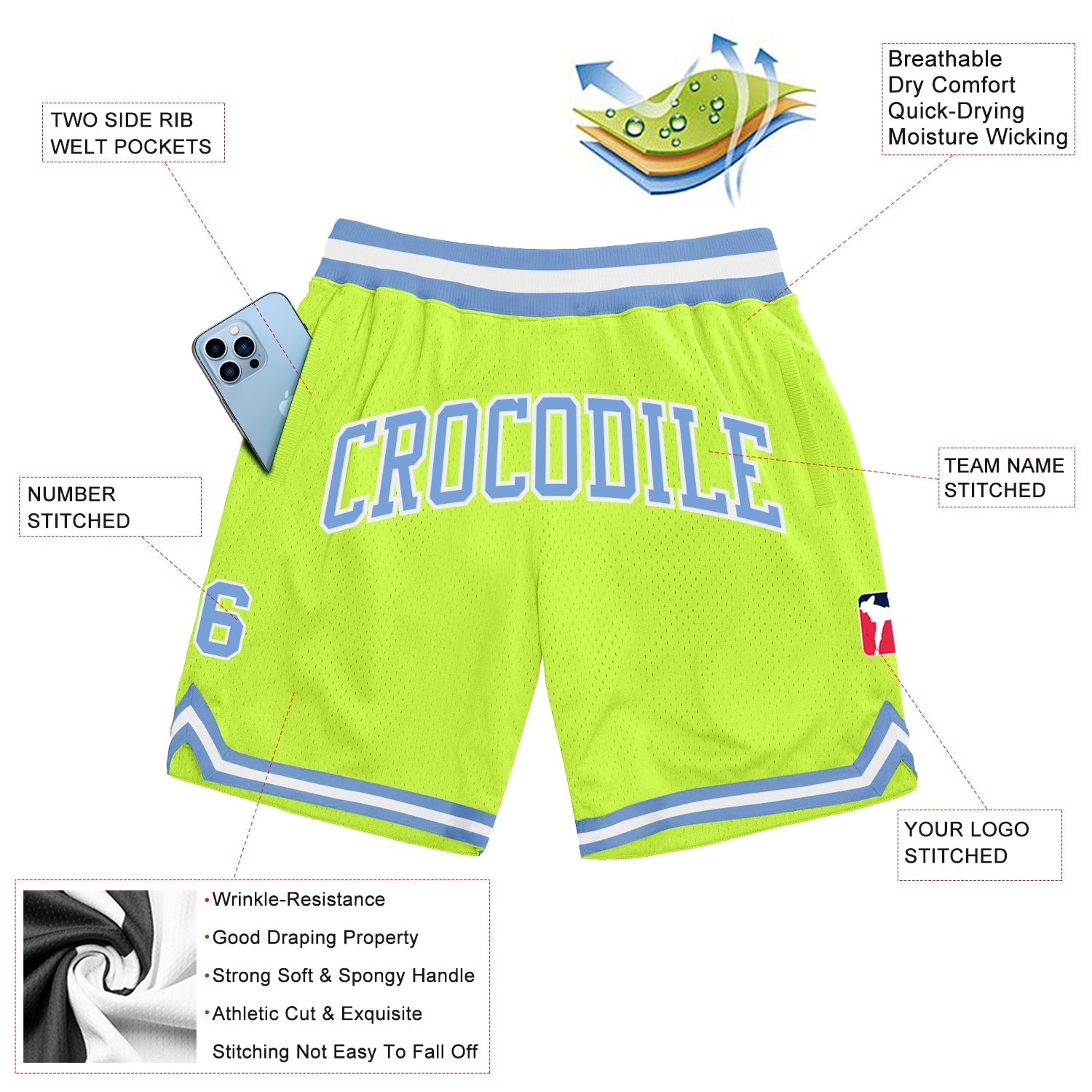 Custom Neon Green Light Blue-White Authentic Throwback Basketball Shorts view 2