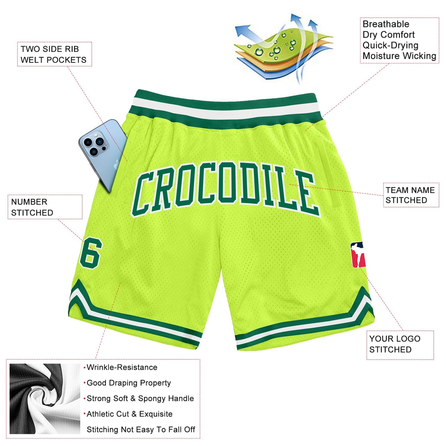 Custom Neon Green Kelly Green-White Authentic Throwback Basketball Shorts view 2