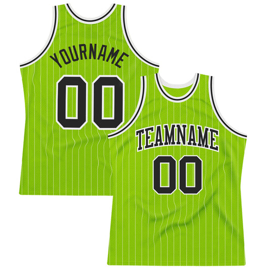 Custom Neon Green White Pinstripe Black-White Authentic Basketball Jersey - Main View