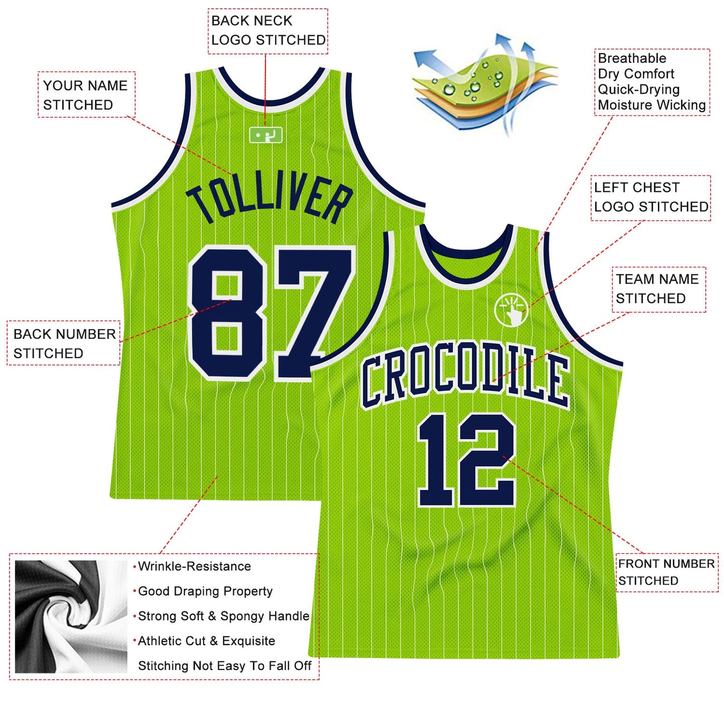 Custom Neon Green White Pinstripe Navy-White Authentic Basketball Jersey view 2