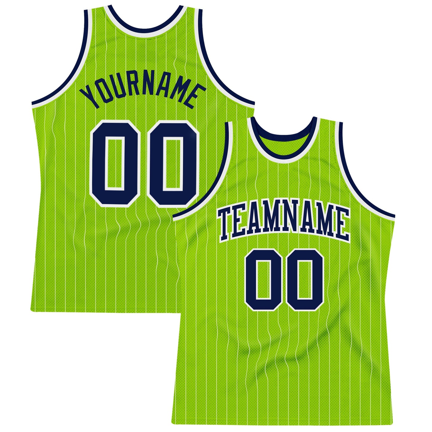 Custom Neon Green White Pinstripe Navy-White Authentic Basketball Jersey - Main View