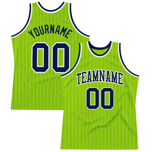 Custom Neon Green White Pinstripe Navy-White Authentic Basketball Jersey - Main View