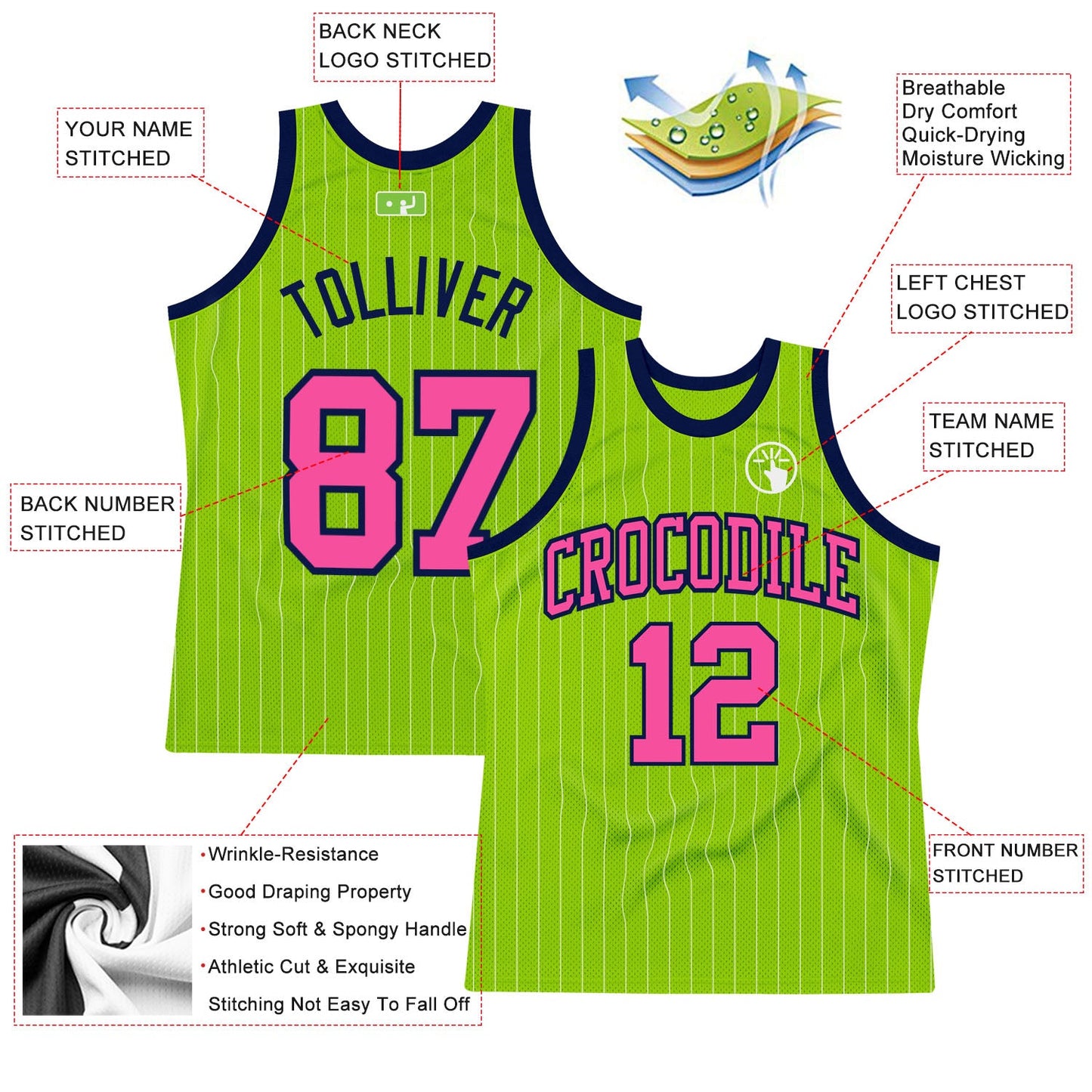Custom Neon Green White Pinstripe Pink-Navy Authentic Basketball Jersey view 2