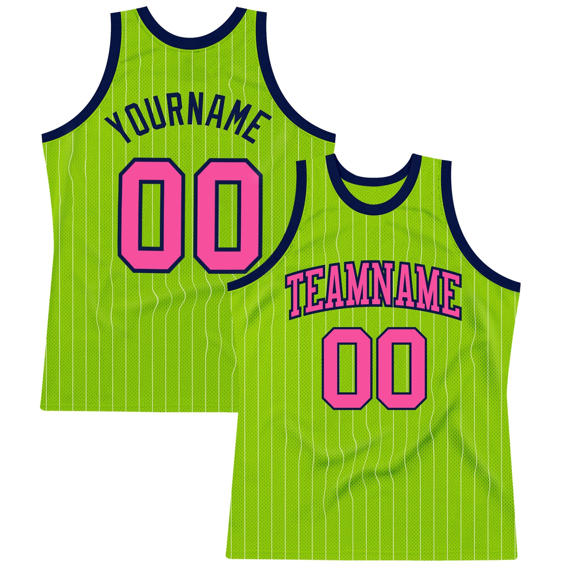 Custom Neon Green White Pinstripe Pink-Navy Authentic Basketball Jersey - Main View