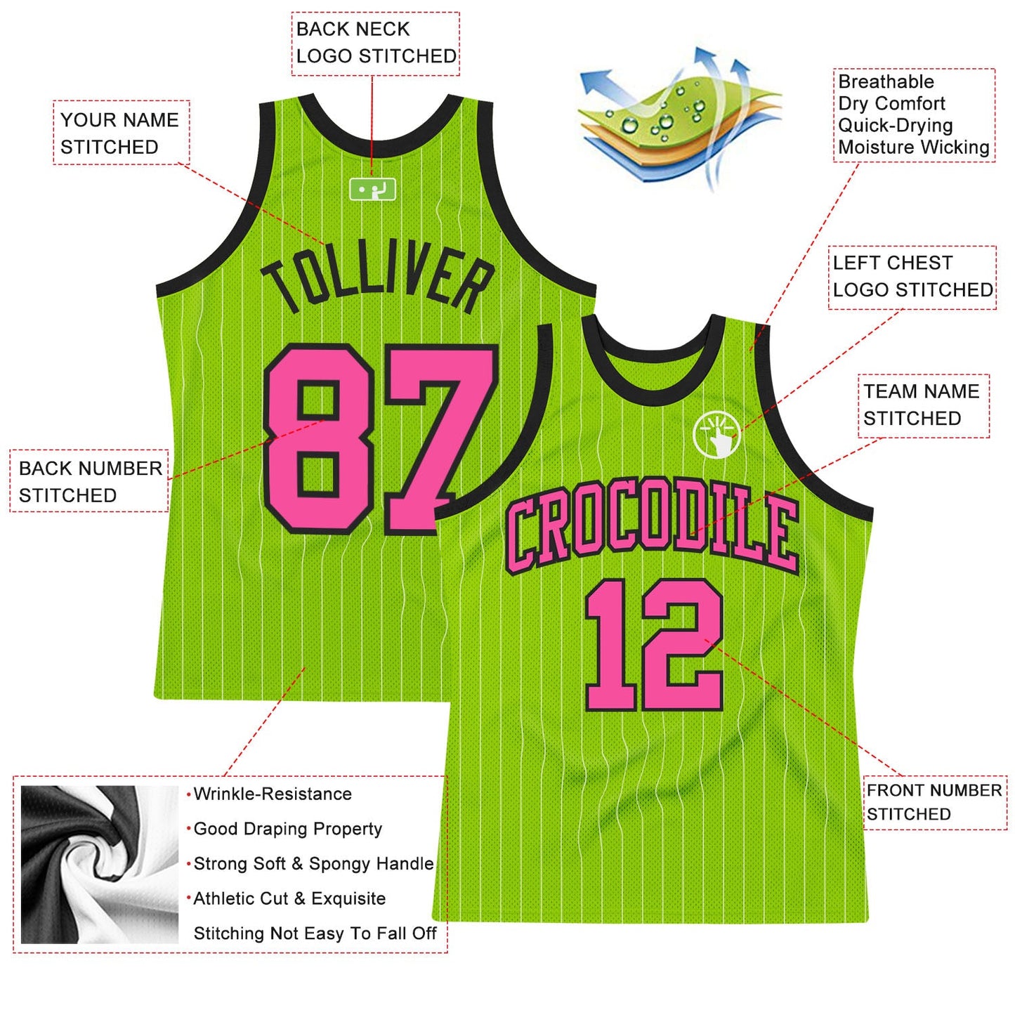 Custom Neon Green White Pinstripe Pink-Black Authentic Basketball Jersey view 3