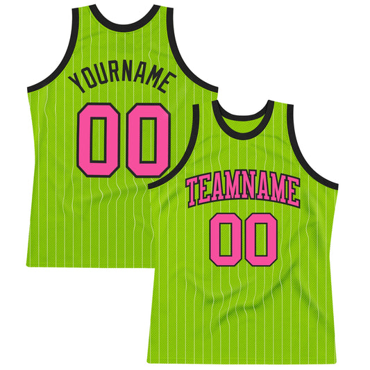 Custom Neon Green White Pinstripe Pink-Black Authentic Basketball Jersey - Main View