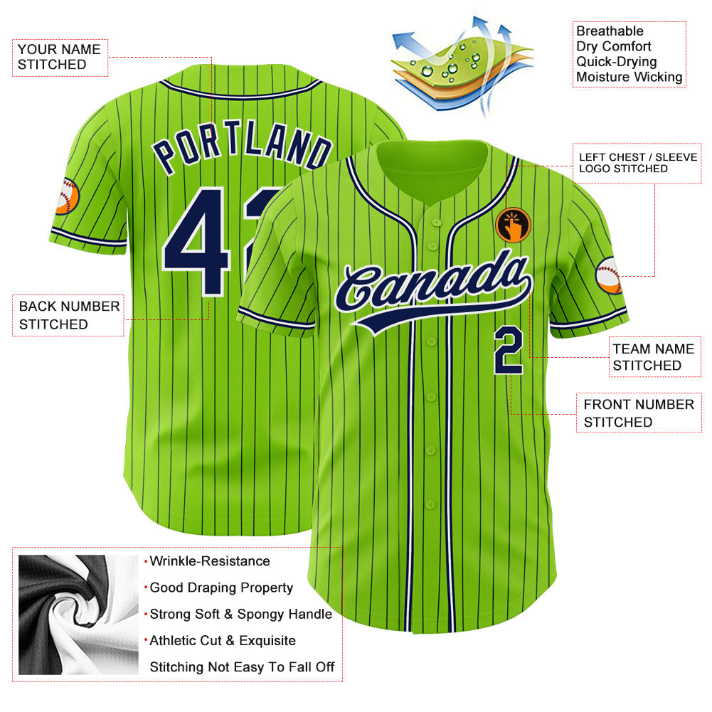 Custom Neon Green Navy Pinstripe Navy-White Authentic Baseball Jersey view 3