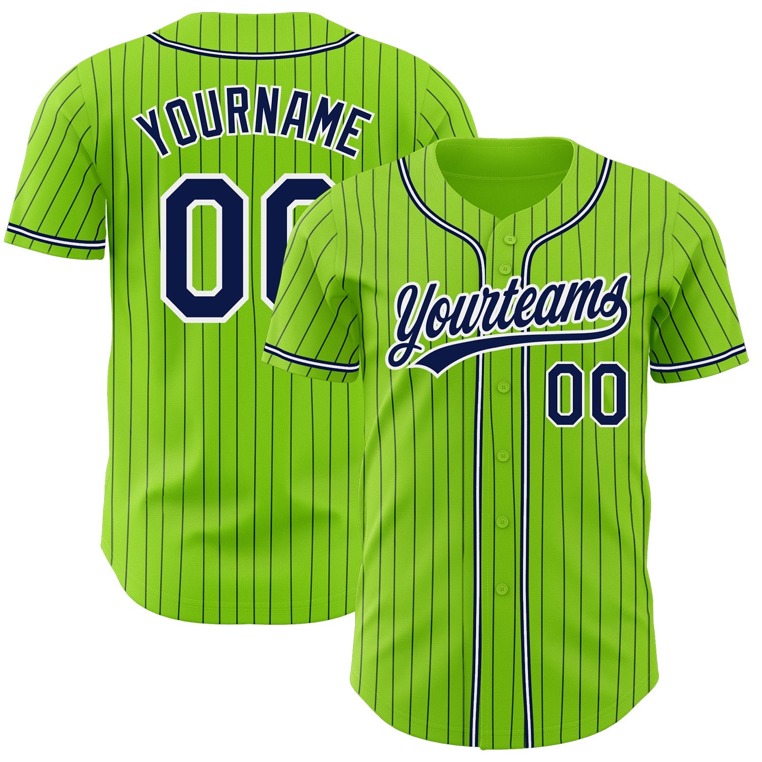 Custom Neon Green Navy Pinstripe Navy-White Authentic Baseball Jersey - Main View