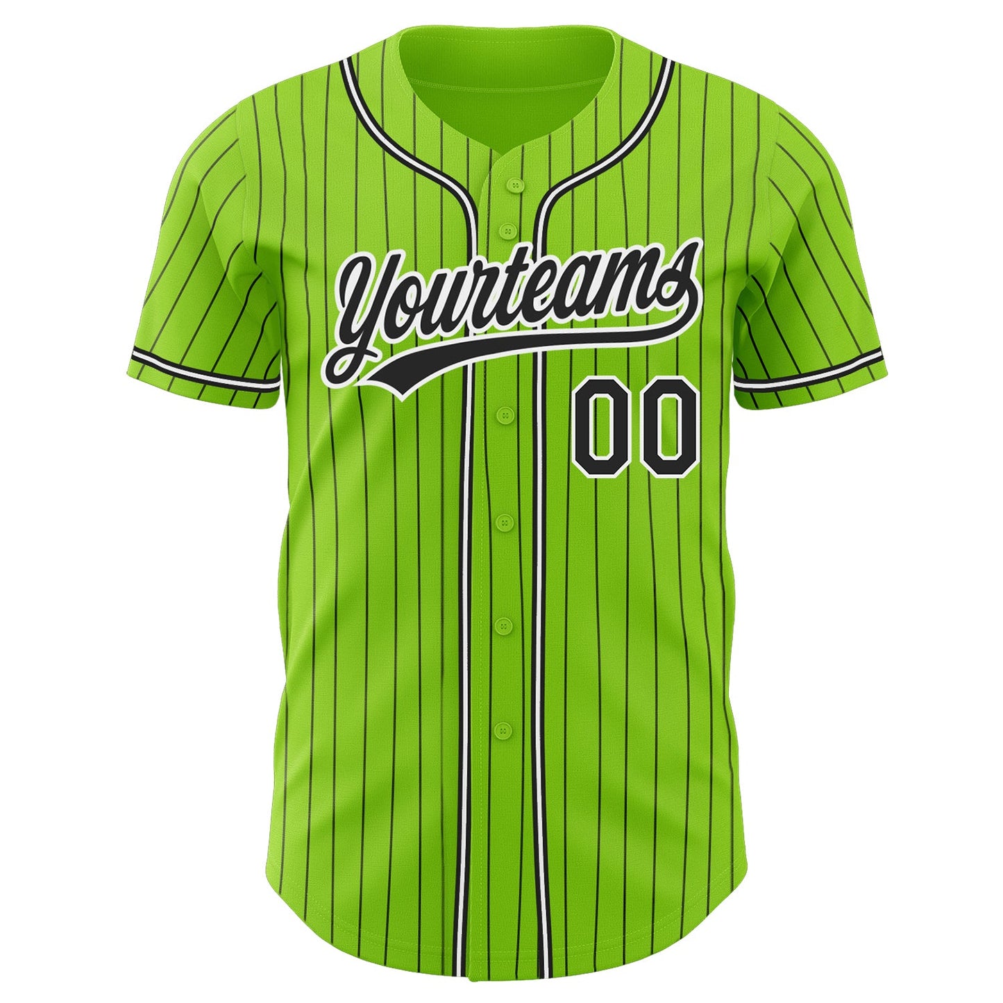 Custom Neon Green Black Pinstripe Black-White Authentic Baseball Jersey view 2