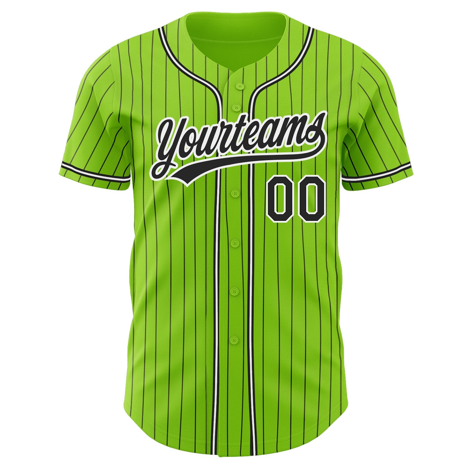 Custom Neon Green Black Pinstripe Black-White Authentic Baseball Jersey view 2