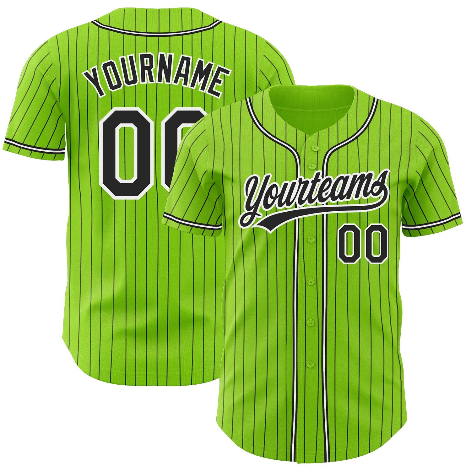 Custom Neon Green Black Pinstripe Black-White Authentic Baseball Jersey - Main View